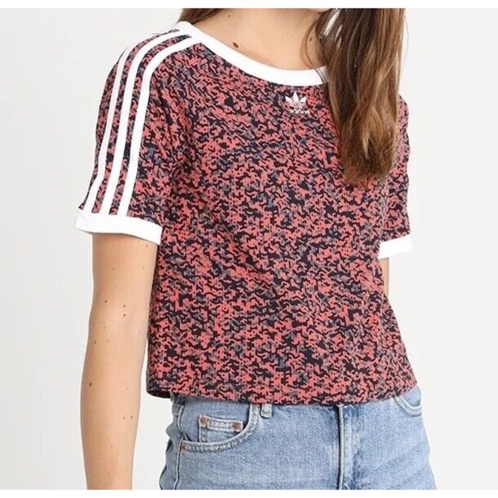 VGUC Adidas Pink Print 3 Stripes Cropped  Short Sleeve T Shirt Size Medium M